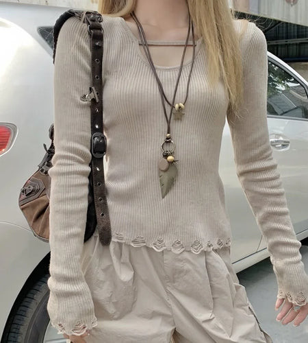 y2k Aesthetic Tops Women Solid Color Round Neck Long Sleeve Knitted Ribbed Hem T Shirts 2000s Fall Clothes Streetwear