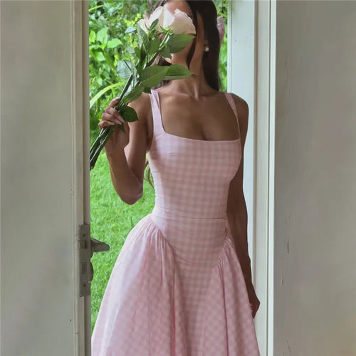 Load image into Gallery viewer, Plaid Printed Maxi Dress For Women Gown Summer New Spaghetti Strap High Waist A-line Backless Club Long Dress Vestido
