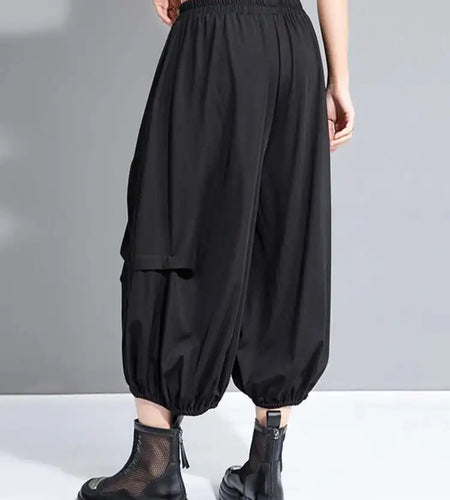 High Elastic Waist Black Pockets Wide Leg Calf-Length Pants New Trousers Women Fashion Tide Spring Autumn 2025 1DH9951