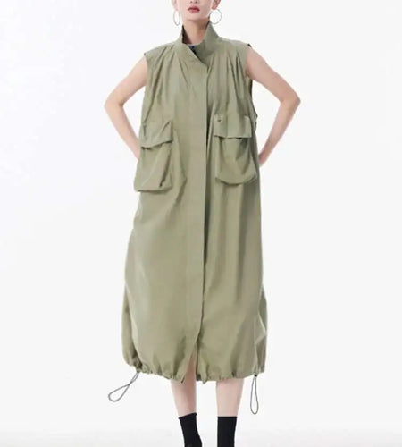 Women Green Pocket Hem Drawstring Big Size Vest Dress New Stand Collar Sleeveless Fashion Tide Spring Autumn 2025 1DJ0147