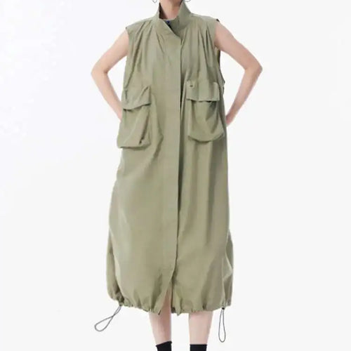 Load image into Gallery viewer, Women Green Pocket Hem Drawstring Big Size Vest Dress New Stand Collar Sleeveless Fashion Tide Spring Autumn 2025 1DJ0147
