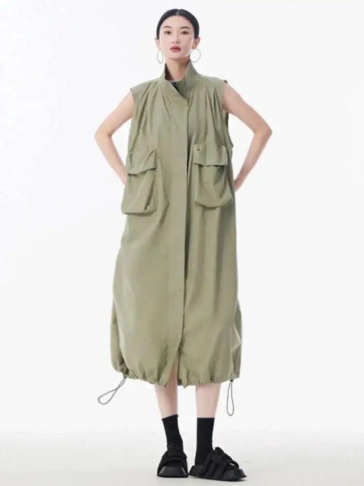 Women Green Pocket Hem Drawstring Big Size Vest Dress New Stand Collar Sleeveless Fashion Tide Spring Autumn 2025 1DJ0147