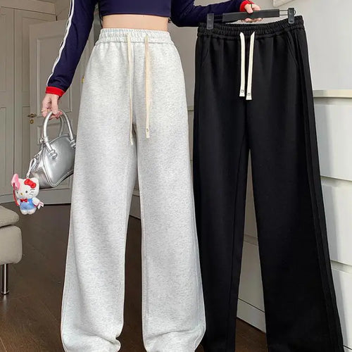 Load image into Gallery viewer, Women Black Velvet Elegant Drawstring Lace-up Baggy Cotton Long Pant Winter Grey High Waist Loose Wide Leg Oversize Trousers
