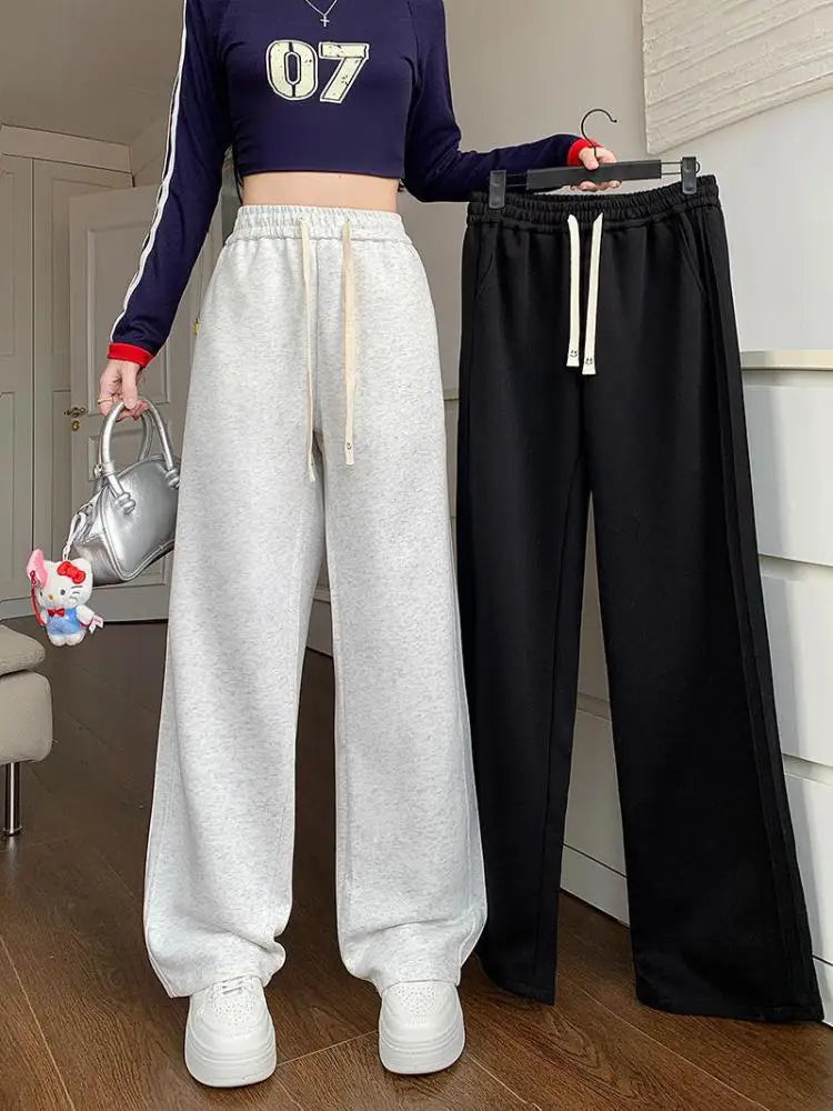 Women Black Velvet Elegant Drawstring Lace-up Baggy Cotton Long Pant Winter Grey High Waist Loose Wide Leg Oversize Trousers