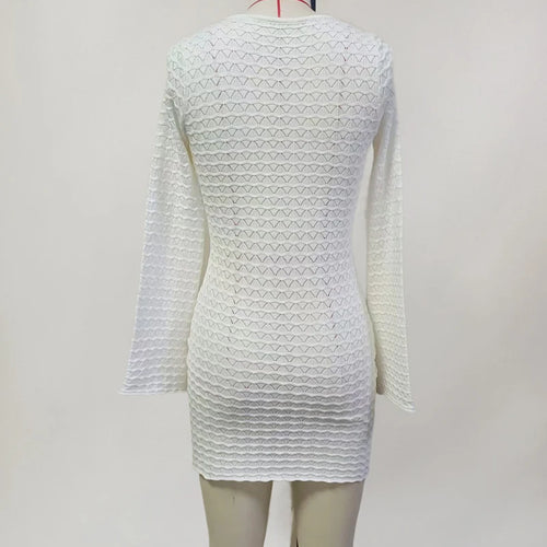 Load image into Gallery viewer, Sexy Knitted Beach Dress For Woman White Hollow Out Deep V Neck Long Sleeve High Waist A-line Knit Dress Knitwear
