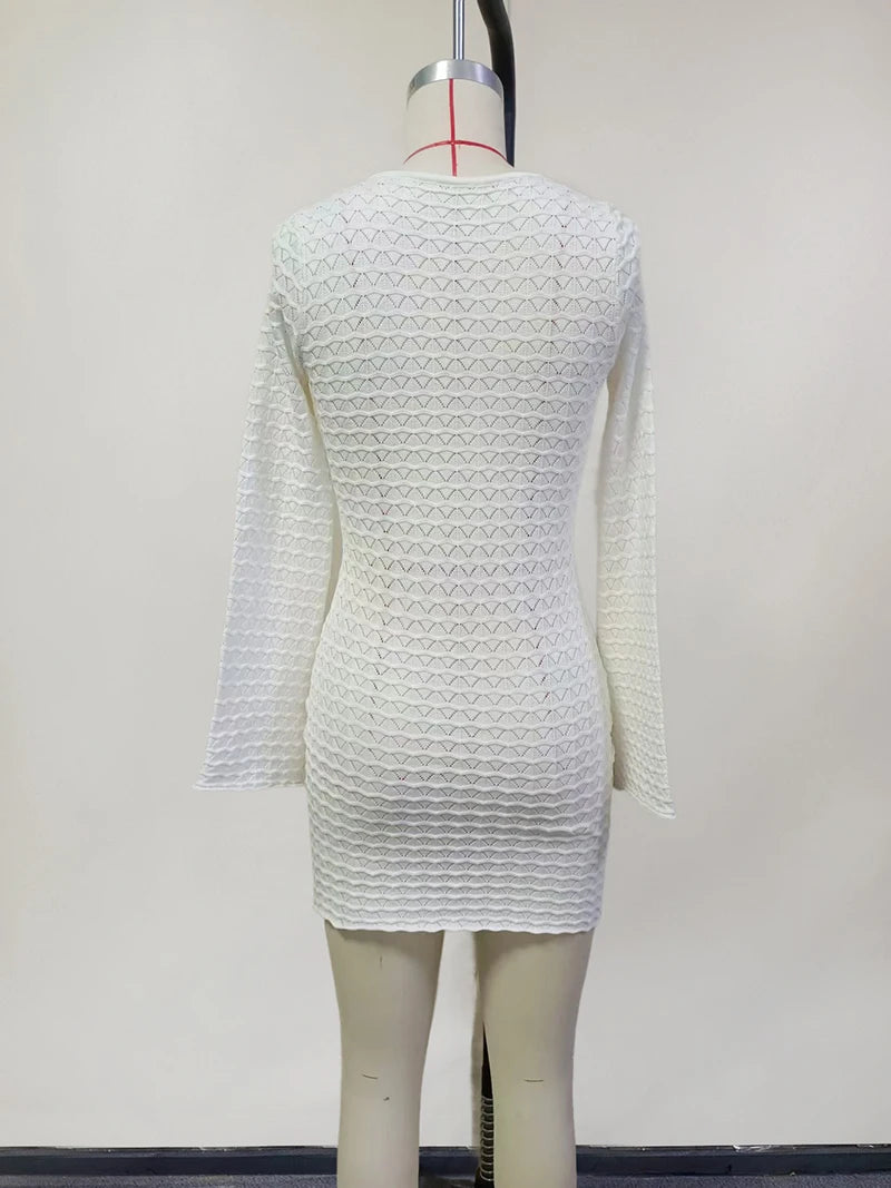 Sexy Knitted Beach Dress For Woman White Hollow Out Deep V Neck Long Sleeve High Waist A-line Knit Dress Knitwear