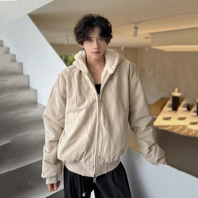 Fashion Men's Padded Jacket Hooded Solid Color Plush Thickened Male Cotton Jacket 2024 Winter Zipper Male Top 9C8758