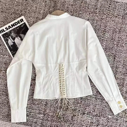 Load image into Gallery viewer, Solid Slimming Spliced Button Fashion Shirts for Women Round Neck Long Sleeves Tunic Patchwork Lace Up Shirt Female
