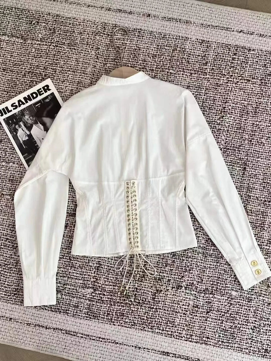 Solid Slimming Spliced Button Fashion Shirts for Women Round Neck Long Sleeves Tunic Patchwork Lace Up Shirt Female