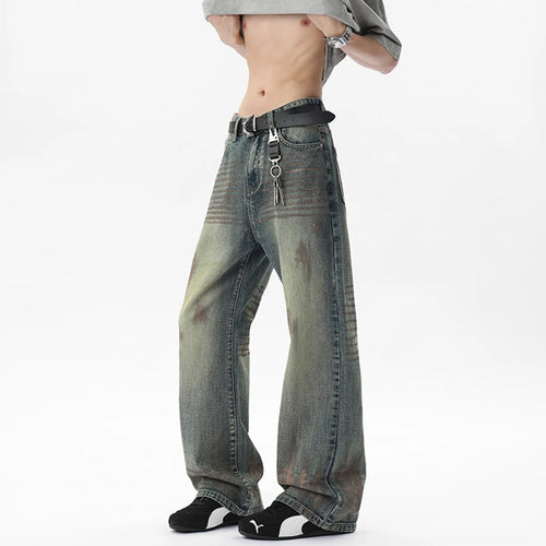 Load image into Gallery viewer, Male Jeasn Splashed Ink Glitter Design New American Style Straight Wide Leg Worn-out Stylish Men&#39;s Summer Bottoms 9W1854
