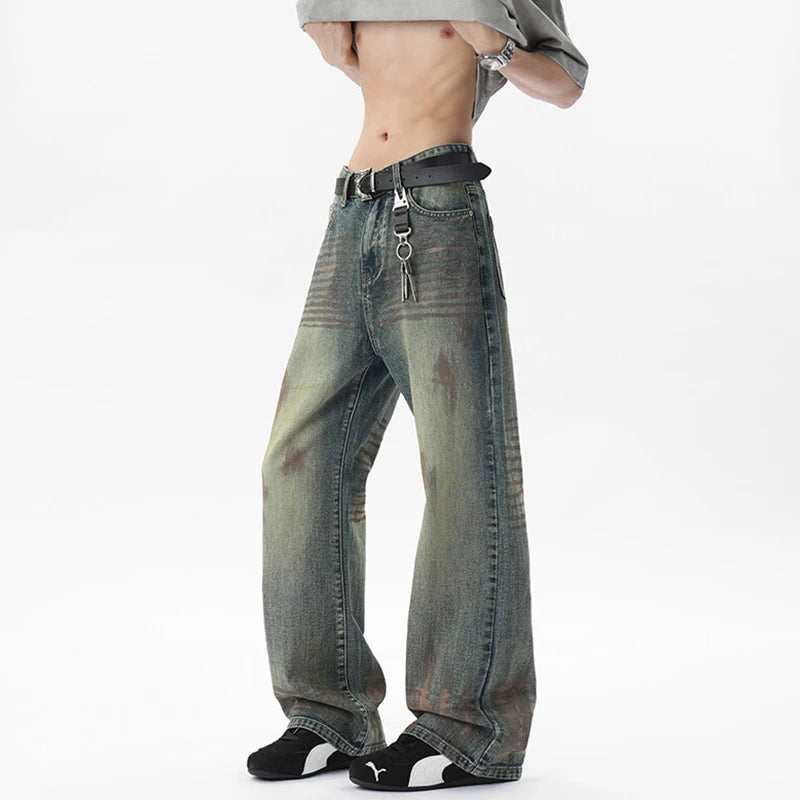 Male Jeasn Splashed Ink Glitter Design New American Style Straight Wide Leg Worn-out Stylish Men's Summer Bottoms 9W1854