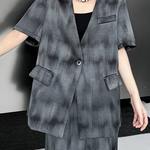 Load image into Gallery viewer, Gray Hollow Out Blazer Half-body Skirt Two Pieces Suit New V-Neck Short Sleeve Women Fashion Spring Autumn 2025 1DJ0789

