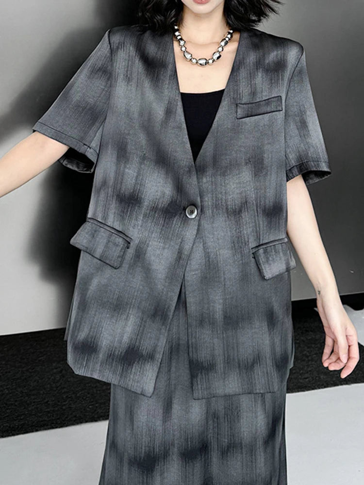 Gray Hollow Out Blazer Half-body Skirt Two Pieces Suit New V-Neck Short Sleeve Women Fashion Spring Autumn 2025 1DJ0789