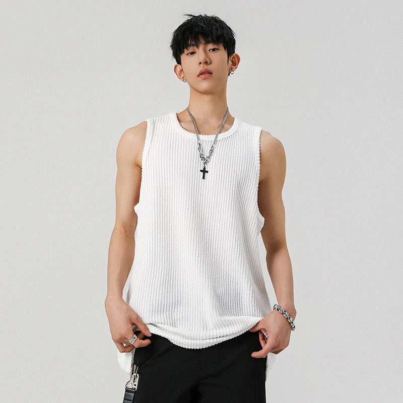 Loose Male Vest Loose Stripe Sleeveless T-shirt Pullover Solid Color T-shirts Men's Casual Top Summer Trend Handsome 9W1297
