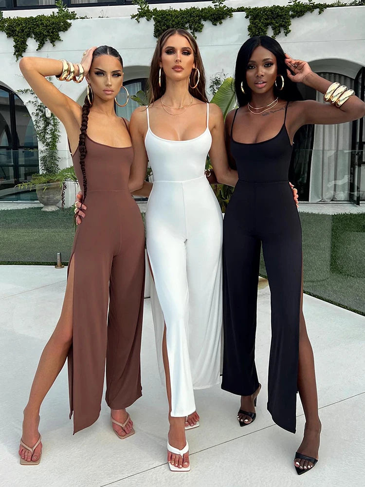 Sexy Backless High Slit Bandage Women Jumpsuits White Spaghetti Strap Elegant Jumpsuit Female Summer Slim Party Clubwear