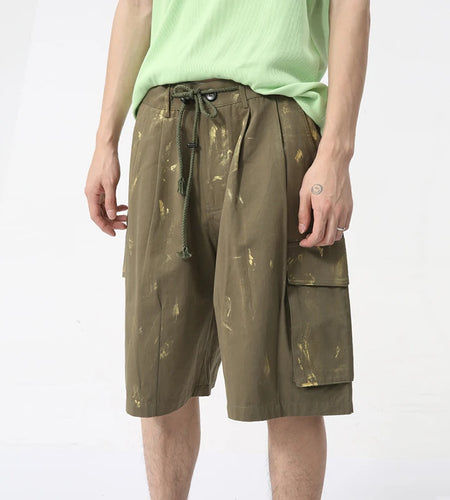 Men's Shorts Paint Dot Elastic Waist Design 2024 Summer New Trendy Worn-out Casual Overalls Multi-pocket Male Pants 9C5835