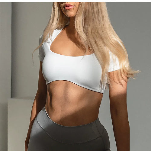 Load image into Gallery viewer, Fitness Bra Short Sleeve Simple Shockproof Sports Curved Hem Yoga Shirt Slim Fit Crop Top Run Gym Shirts Women Active Wear
