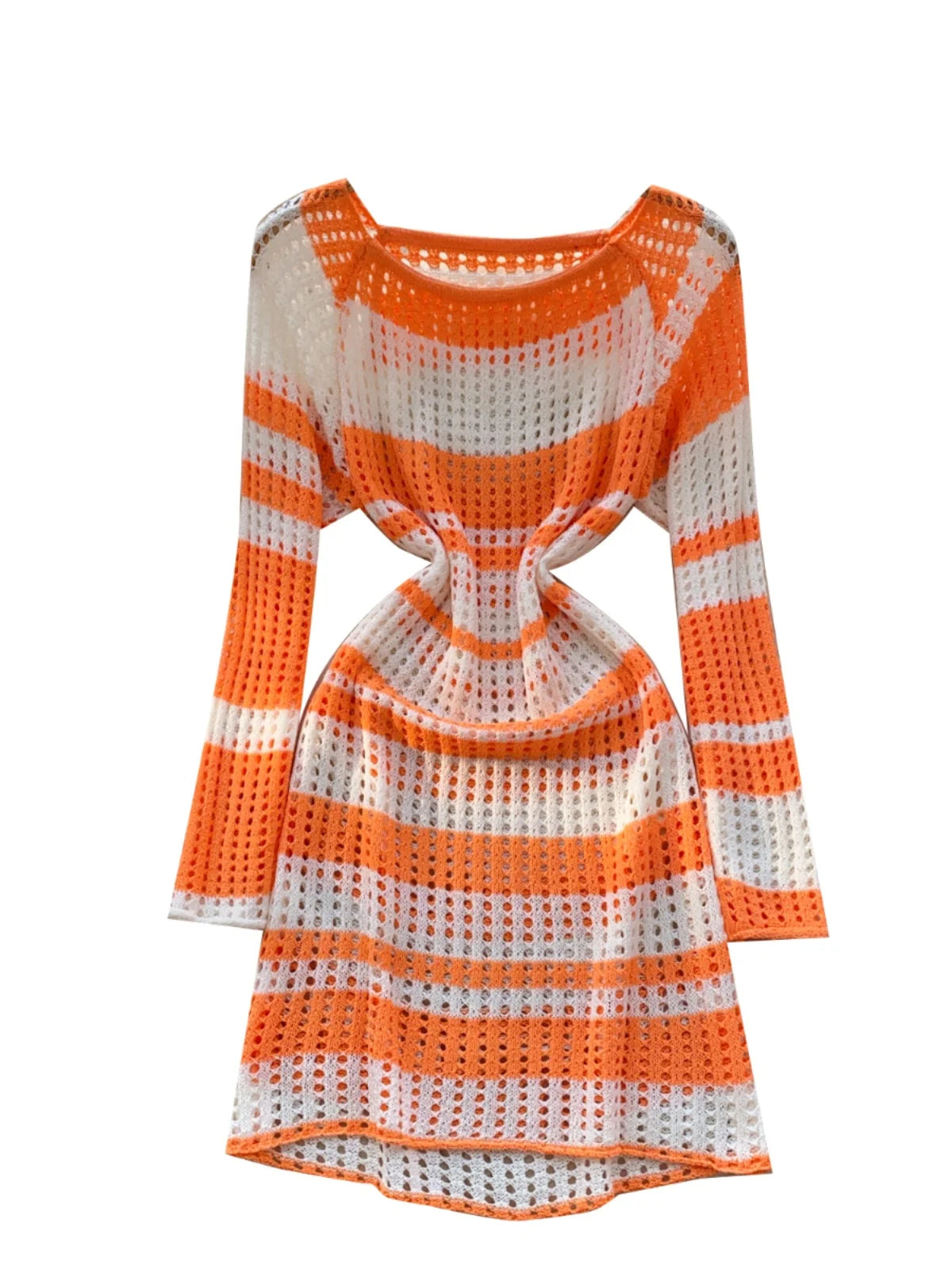 Korean 2025 Spring New Elegant Rainbow Stripe Long Sleeves Knitted Dresses Women Round Neck Hollow Out Vacation Midi Dress Trend