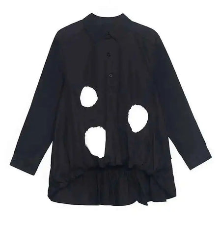Women Black Color-block Dot Big Size Blouse New Lapel Long Sleeve Large Hem Shirt Fashion Tide Spring Autumn 2025 1DH4274