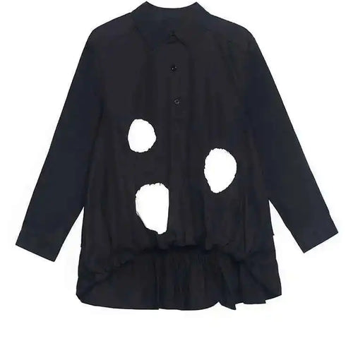 Load image into Gallery viewer, Women Black Color-block Dot Big Size Blouse New Lapel Long Sleeve Large Hem Shirt Fashion Tide Spring Autumn 2025 1DH4274
