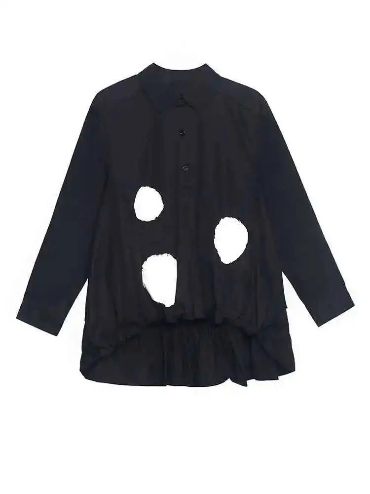 Women Black Color-block Dot Big Size Blouse New Lapel Long Sleeve Large Hem Shirt Fashion Tide Spring Autumn 2025 1DH4274