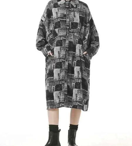 Women Black Pattern Printed Pocket Big Size Midi Shirt Dress New Lapel Long Sleeve Fashion Tide Spring Autumn 2025 1DH4102