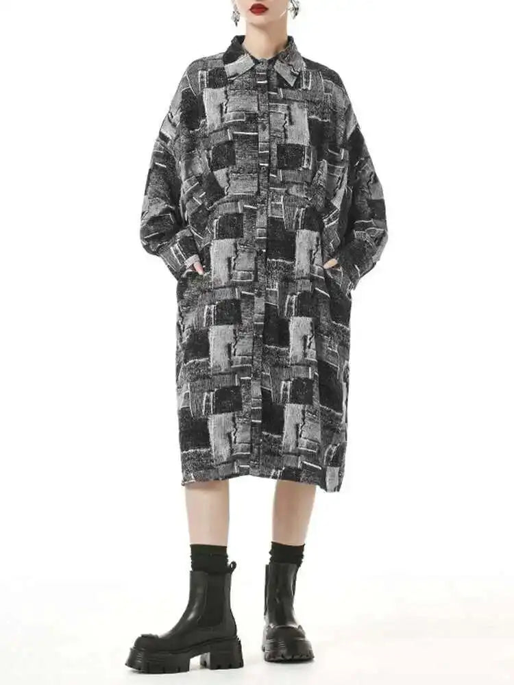 Women Black Pattern Printed Pocket Big Size Midi Shirt Dress New Lapel Long Sleeve Fashion Tide Spring Autumn 2025 1DH4102