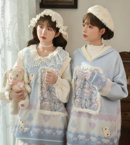 Y2k Aesthetic Cartoon Hooded Sweater Women Contrast Color Patchwork Oversized Tops Vintage Love Flocking Pullover Streetwear