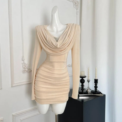 Load image into Gallery viewer, French Fashion Women's Beige V Neck Slim Long Sleeve Mini Dress 2024 Autumn New Sexy Club Wrapped Hip Pleated Short Dress Simple
