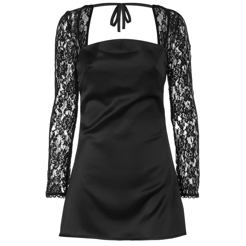 Lace Long Sleeve Sexy Mini Dress For Women Robe Square Collar Backless A-line High Waist Club Party Sexy Dress Fashion