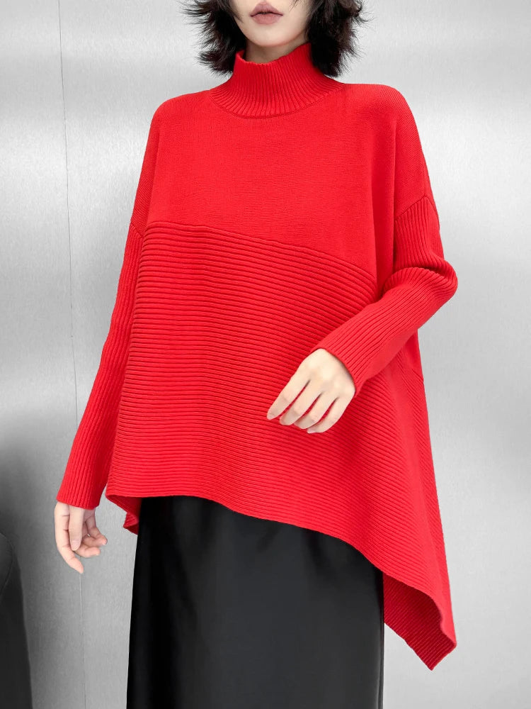Red Irregular Big Size Knitting Sweater Turtleneck Long Sleeve Women Pullovers New Fashion Tide Spring Autumn 2025 1DH9445