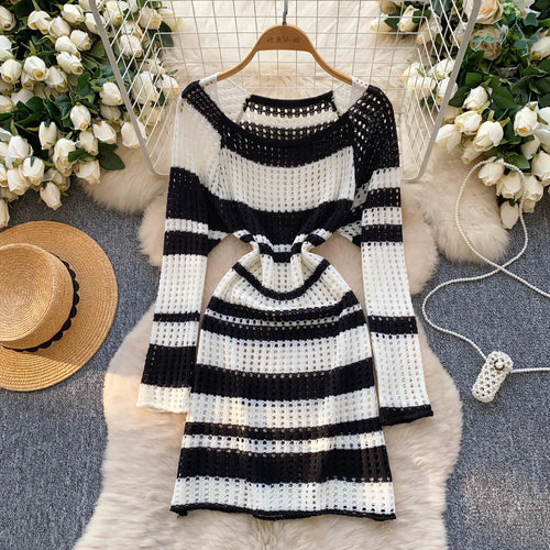 Load image into Gallery viewer, Korean 2025 Spring New Elegant Rainbow Stripe Long Sleeves Knitted Dresses Women Round Neck Hollow Out Vacation Midi Dress Trend
