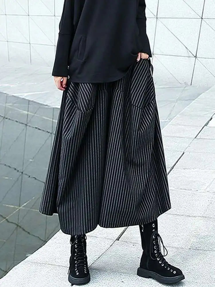 High Elastic Waist Black Striped Long Wide Leg Casual Pants New Trousers Women Fashion Tide Spring Autumn 2025 1DH8290