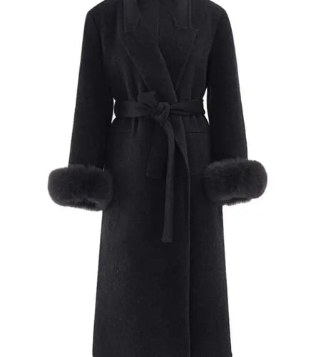 Dark Gray Cuff Fur Big Size Long Woolen Coat New Lapel Long Sleeve Women Jacket Fashion Tide Autumn Winter 2025 CPG2464