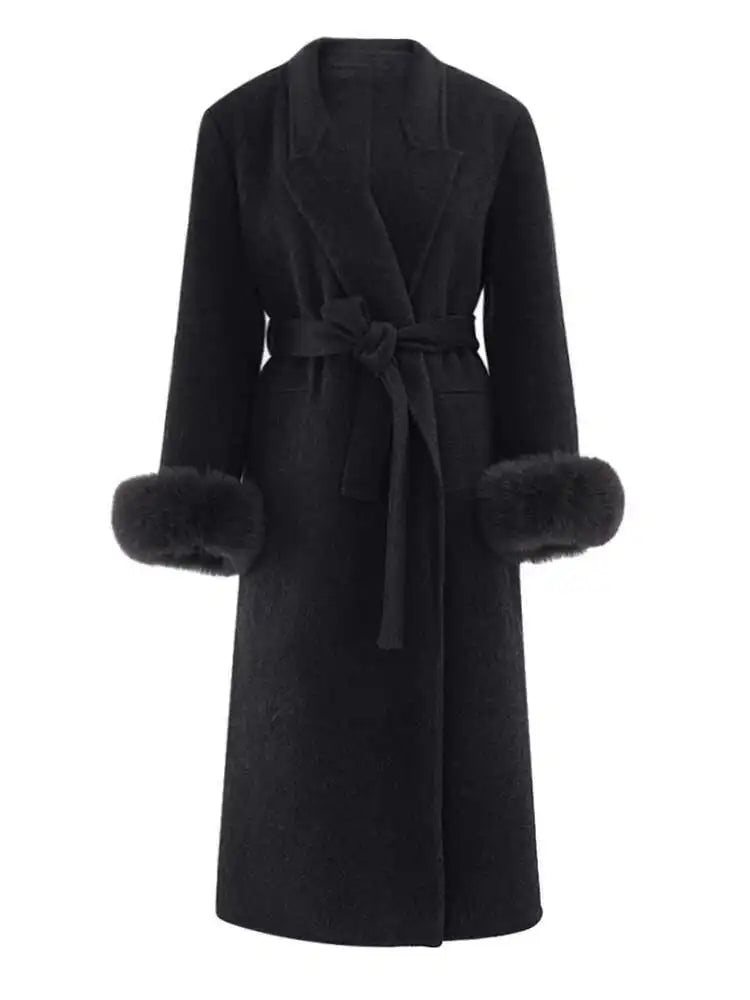 Dark Gray Cuff Fur Big Size Long Woolen Coat New Lapel Long Sleeve Women Jacket Fashion Tide Autumn Winter 2025 CPG2464