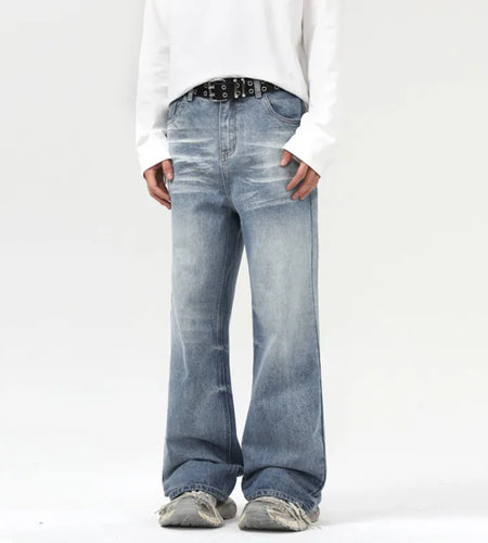 Men's Jeans Washed Denim Pants New American High Street Messy Cat Whiskers Stylish Baggystraight Style Trousers 9W1550