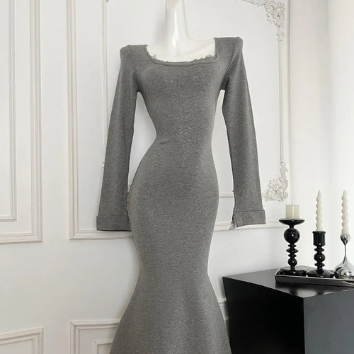 Load image into Gallery viewer, Vintage Women Korean Black Elegant Slim Sequined Fishtail Dress Autumn Grey Square Neck Long Sleeve Vacation Evening Party Dress
