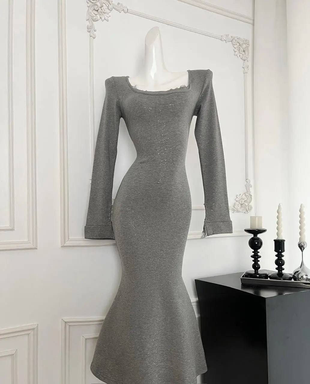 Vintage Women Korean Black Elegant Slim Sequined Fishtail Dress Autumn Grey Square Neck Long Sleeve Vacation Evening Party Dress