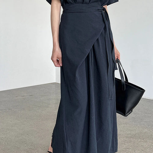 Load image into Gallery viewer, Women Navy Blue Cross Bandage Big Size Elegant Midi Dress New Round Neck Short Sleeve Fashion Spring Summer 2025 1DJ1359
