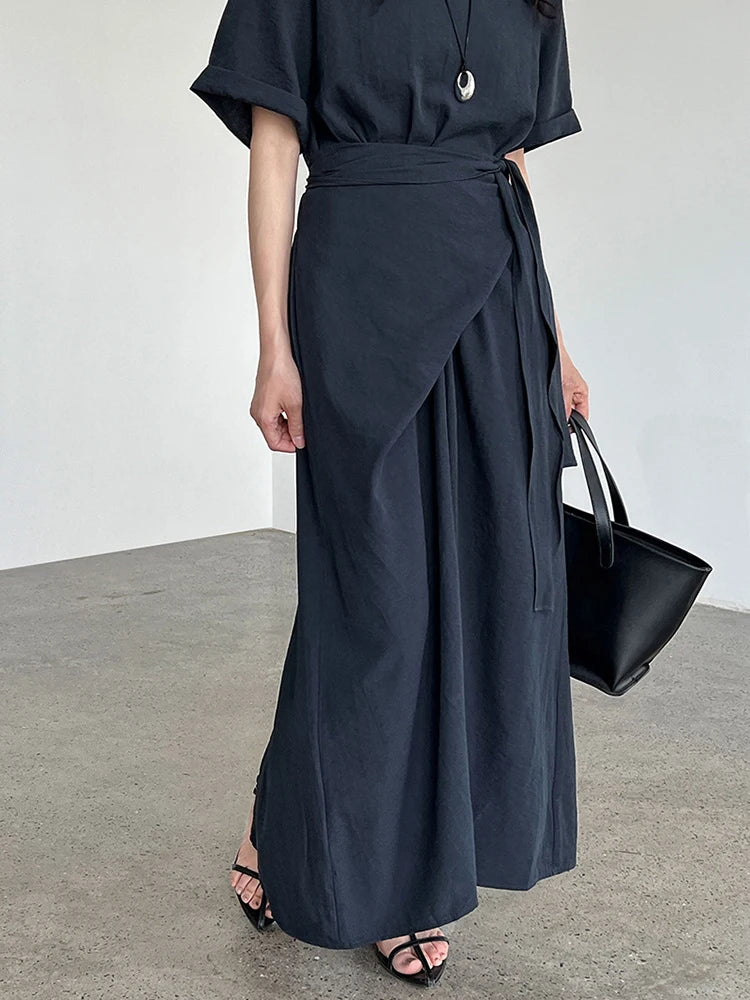 Women Navy Blue Cross Bandage Big Size Elegant Midi Dress New Round Neck Short Sleeve Fashion Spring Summer 2025 1DJ1359