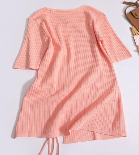 Chinese Style Summer Solid Short Sleeve Split Knitted T Shirt Women Round Neck Cotton Pullover Tops 2024 Popular Streetwear Chic