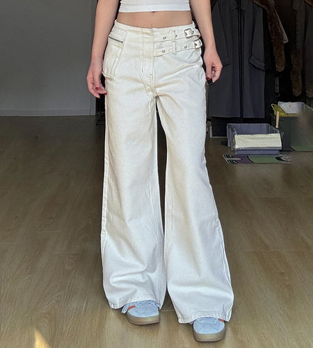White Chic Waist Fake Belt Design Cargo Jeans Women's Streetwear Straight Leg Loose Denim Trousers Button-Fly Bottoms