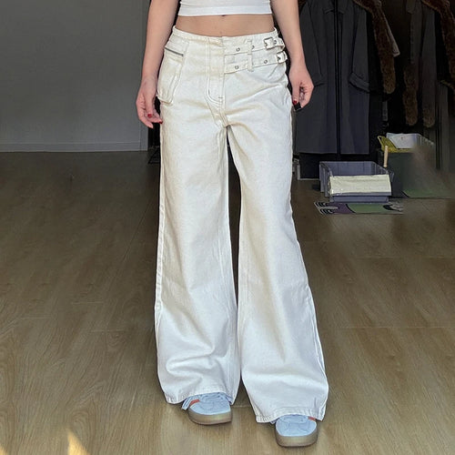 Load image into Gallery viewer, White Chic Waist Fake Belt Design Cargo Jeans Women's Streetwear Straight Leg Loose Denim Trousers Button-Fly Bottoms
