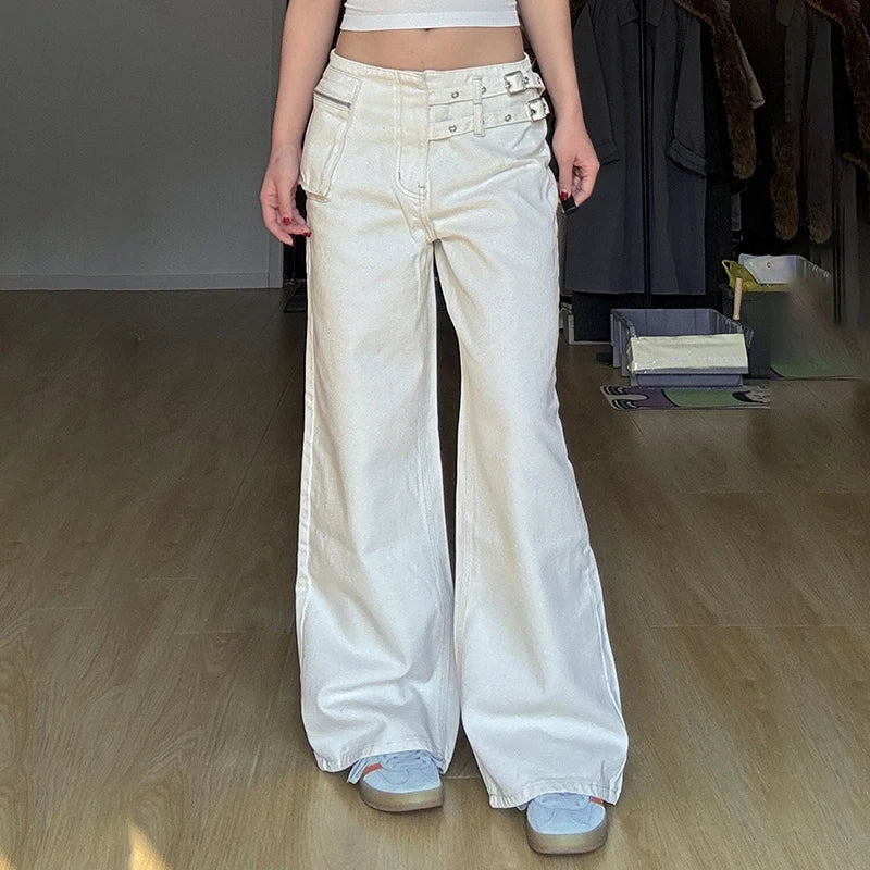 White Chic Waist Fake Belt Design Cargo Jeans Women's Streetwear Straight Leg Loose Denim Trousers Button-Fly Bottoms