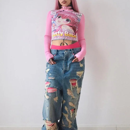 Load image into Gallery viewer, Harajuku Rose Red Grunge Crop Top Japanese Cartoon Printing Goth Women T Shirt  Y2k Aesthetic Casual Bottoming Streetwear Tees
