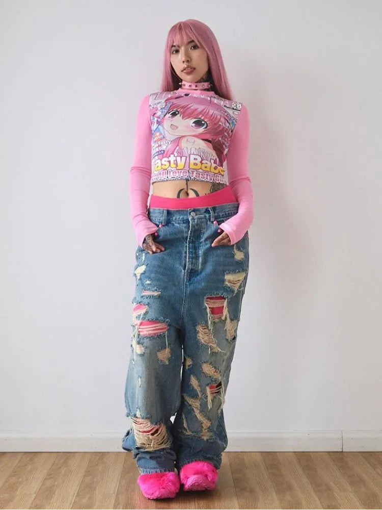 Harajuku Rose Red Grunge Crop Top Japanese Cartoon Printing Goth Women T Shirt  Y2k Aesthetic Casual Bottoming Streetwear Tees