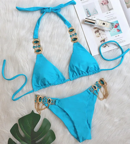 Solid Female Metal Chain Swimsuit 2024 Luxury Rhinestone Bikini Women Swimwear Push Up Bikini Set Bathing Suit