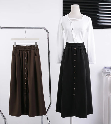 Korean Black Single Breasted Vacation Pleated Skirt Women's 2024 Autumn Winter Brown Elegant High Waist Plus Size Long Skirt New