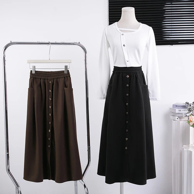 Korean Black Single Breasted Vacation Pleated Skirt Women's 2024 Autumn Winter Brown Elegant High Waist Plus Size Long Skirt New