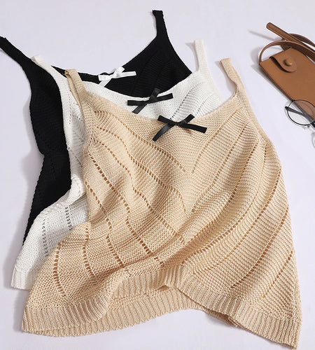 Solid Sexy Hollow Out V Neck Bow Slip Tank Tops Summer Women Sleeveless Holiday Short Vest Casual Street Clothes Fashion Casual
